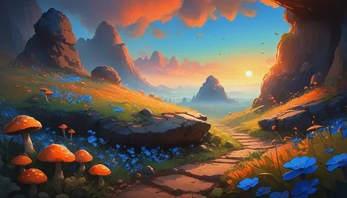 pathway,fantasy landscape,mushroom landscape,hiking path,forest path,the mystical path,hollow way,the path,mountain sunrise,druid grove,autumn mountains,alpine crossing,valley,trail,wooden path,landscape background,wander,path,mountain road,autumn landscape,Conceptual Art,Graffiti Art,Graffiti Art 05