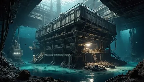 mining facility,industrial ruin,heavy water factory,sunken church,ship wreck,sunken ship,the wreck of the ship,abandoned place,factory ship,underwater playground,shipwreck,lost place,concrete ship,atlantis,engine room,abandoned boat,boat shed,sunken boat,abandoned places,the ark,Conceptual Art,Fantasy,Fantasy 33