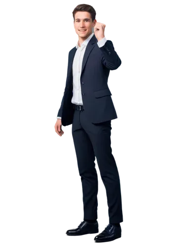 Announcer, microphone, confident smile, formal wear, suit jacket, white shirt, tie, black trousers, leather shoes, standing pose, one hand on hip, background blur, soft focus, warm lighting, cinematic