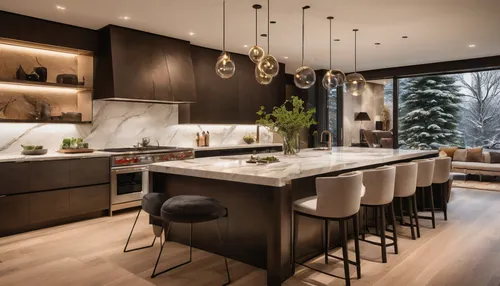 Thrilled to unveil my latest kitchen design, a space where contemporary luxury meets the serenity of nature. I've harmonized sleek, dark cabinetry with the natural elegance of Calacatta marble, captur