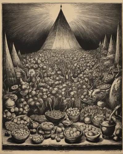 mushroom landscape,vegetables landscape,vegetable field,mushroom island,vegetable market,potato field,gourds,catacombs,cauldron,earthenware,mushrooms,still life with onions,onion bulbs,root vegetables,mushrooming,fungal science,fruit market,daikon,stoneware,decorative squashes,Illustration,Black and White,Black and White 23