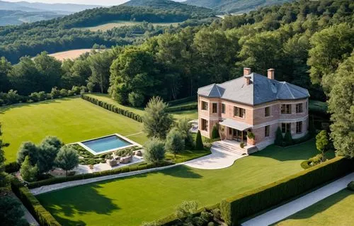 Landscape of a house in the countryside next to an eclectic contemporary brick house with English style elements. ,this is a large and very nice house,domaine,bendemeer estates,chateau,luxury property