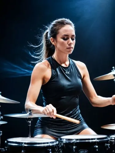 A great drummer in full action! Sweat splashes off her. Her skin is glistening with wetness.,a woman sitting on top of a drum set,daiko,whiplash,wgi,drumming,lynn,drumbeat,Photography,Artistic Photogr