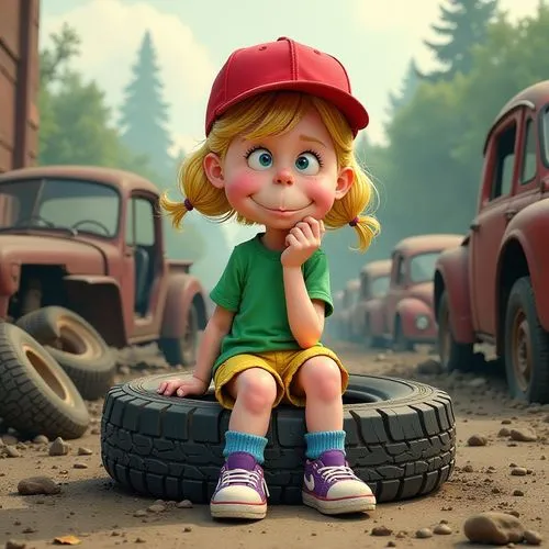 girl and car,kalinka,soffiantini,pippi,agnes,girl with a wheel,Illustration,Children,Children 02