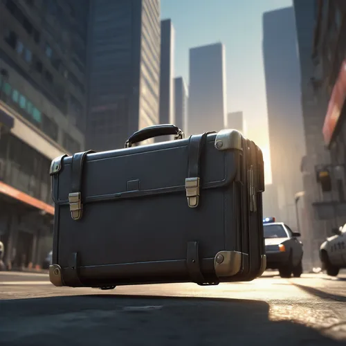 video game prop, briefcase, Grand Theft Auto V, realistic texture, leather material, metal clasps, detailed stitching, worn edges, money inside, scattered cash, urban street setting, parked cars, dyna