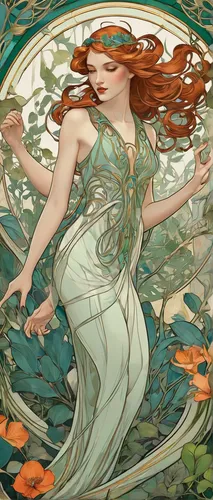 mucha,rusalka,art nouveau,art nouveau design,water nymph,alfons mucha,dryad,art nouveau frame,merfolk,siren,flora,art nouveau frames,faery,water-the sword lily,faerie,amano,fae,poison ivy,throwing leaves,mermaid,Illustration,Retro,Retro 08