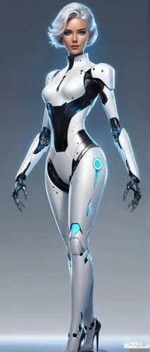 Jane, AI robot, futuristic lab, standing, metallic body, glowing blue eyes, short silver hair, advanced circuitry details, sleek arms, fingers tipped with sharp claws, flowing white coat, high heels, 