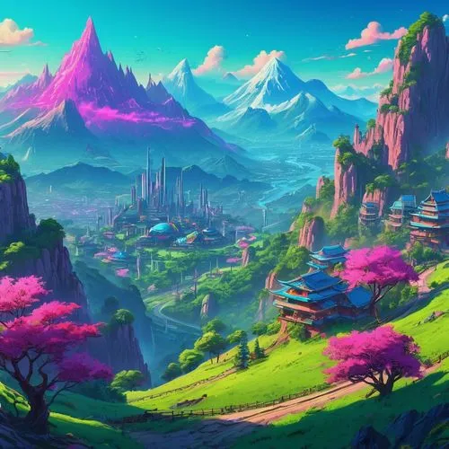 fantasy landscape,meteora,mountain village,mountain landscape,mountain scene,landscape background,mountain world,mountainous landscape,valley,paisaje,mountain valley,purple landscape,mountain settlement,mountains,colorful city,alpine village,the landscape of the mountains,world digital painting,high landscape,aurora village,Conceptual Art,Sci-Fi,Sci-Fi 27