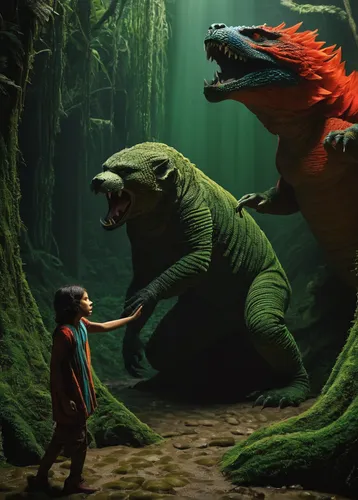 fantasy picture,size comparison,dinosaurs,world digital painting,3d fantasy,digital compositing,prehistoric,children's background,kids illustration,dinosaur,dinosaur baby,fantasy art,primeval times,encounter,landmannahellir,sci fiction illustration,jurassic,dragon of earth,feeding animals,giant frog,Photography,Documentary Photography,Documentary Photography 33