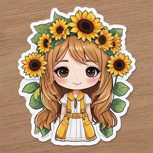 a sunflower girl Kawaii style sticker design, pilot, cute, vector, big cute adorable kawaii eyes, fantasy, Light Pure background,sunflower paper,sunflower lace background,jessamine,sunflower coloring,