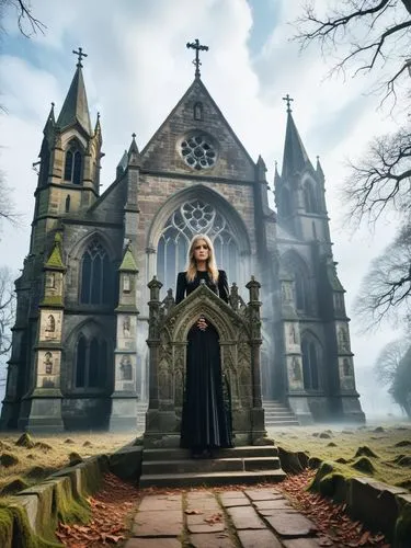 Gothic church façade without any personnel,a woman standing in front of a church,haunted cathedral,gothic portrait,ecclesiastic,gothic,vicar,gothic woman