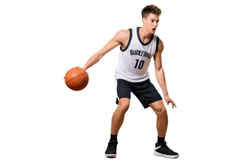 Young muscular man, basketball player, solo, athletic build, sweaty skin, short spiky hair, determined facial expression, white jersey with team number, black shorts, sneakers, dribbling, jumping, sho