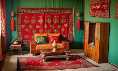 a living room filled with a couch sitting on top of a rug,moroccan pattern,persian norooz,morocco,javanese traditional house,maroc,ottoman,Photography,General,Realistic