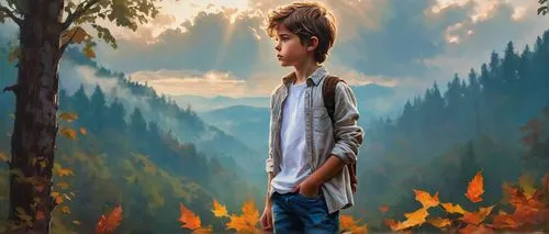 "Serious-looking young boy, hand on heart, swearing oath, blue eyes, messy brown hair, casual white shirt, worn jeans, sneakers, standing alone, cloudy sky, misty atmosphere, forest trees in backgroun