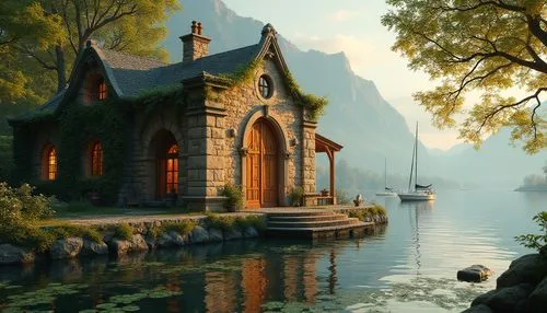 house with lake,house by the water,boathouse,cottage,summer cottage,sunken church,boat house,fisherman's house,boathouses,fantasy landscape,lake lucerne,rivendell,hallstatt,boat landscape,lake geneva,home landscape,wooden church,lake thun,houseboat,boat shed,Photography,General,Realistic