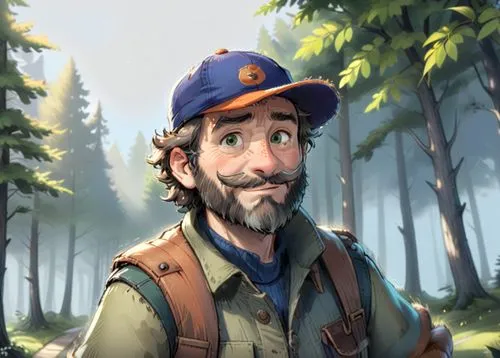 A 50 year old man, he is a forester, he is wearing an orange cap with a logo on it, his beard is greay and chesnuts colored, he is wearing forester clothes green and brown colored, he has a few rickle