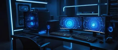 Modern computer system, futuristic architecture, sleek metallic body, glowing blue LED lights, intricate circuit boards, complex wiring, high-performance CPU, advanced GPU, ample storage, ventilation 