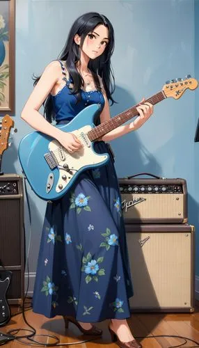 Masterpiece oil color painting of A beautiful woman is playing blue guitar fender Jaguar, she is straight long black hair spreading , white skin with attracting brown eyes , she is wearing dark blue s