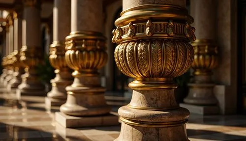 Ornate column, twisted barley shape, golden leaf accents, intricately carved capitals, ornamental volutes, curved scrollwork, majestic architecture, grandiose scale, luxurious marble material, polishe