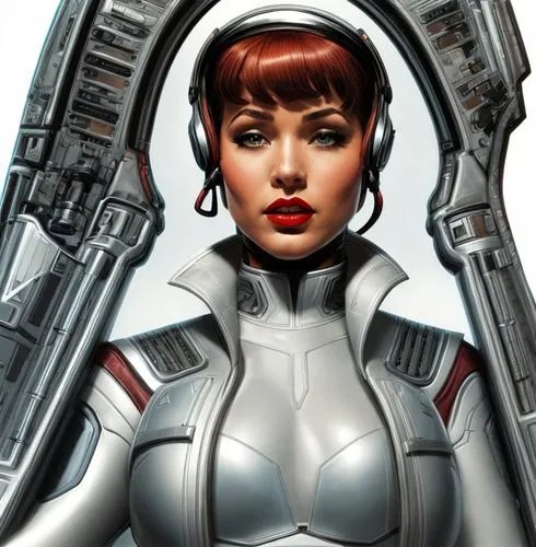 a young woman futuristic pilot, red lips, scared, in comic stile ,cyborg,sci fi,cybernetics,head woman,darth talon,sci fiction illustration,shepard,robot icon,chrome steel,shoulder pads,space-suit,sci