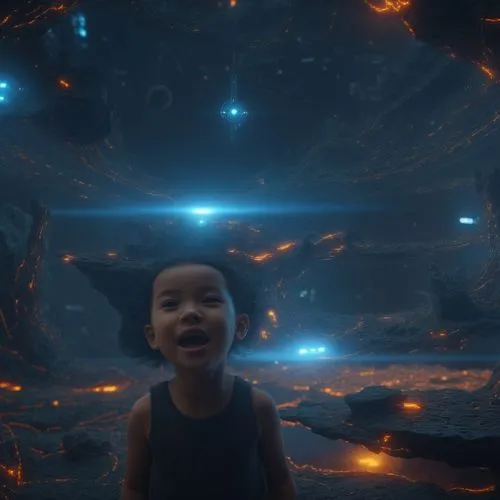 a child standing in front of an abstract blue background,eissa,mamozai,interdimensional,mesmerised,alani,kudi,Photography,General,Sci-Fi