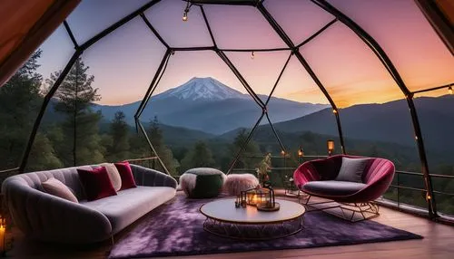 Luxurious glamping tent, futuristic dome shape, transparent panoramic windows, intricate metal framework, velvet curtains, ambient string lights, plush area rug, minimalist modern furniture, champagne