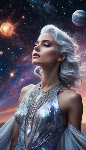 Cosmic being, celestial entity, glowing aura, ethereal beauty, iridescent skin, shimmering silver hair, galaxy-inspired makeup, delicate fingers, flowing white gown, starry night sky, nebula backgroun