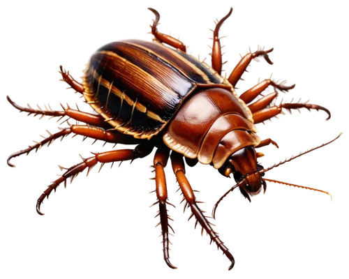 Oriental cockroach, brown body, shiny exoskeleton, six legs, two antennae, oval shape, flat back, spiky rear, dark stripes on abdomen, close-up shot, macro photography, warm lighting, high contrast, d