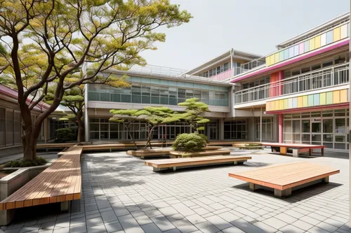 school design,shenzhen vocational college,japanese architecture,courtyard,kansai university,archidaily,modern office,inside courtyard,business school,hanok,cube house,dormitory,japan place,school benc