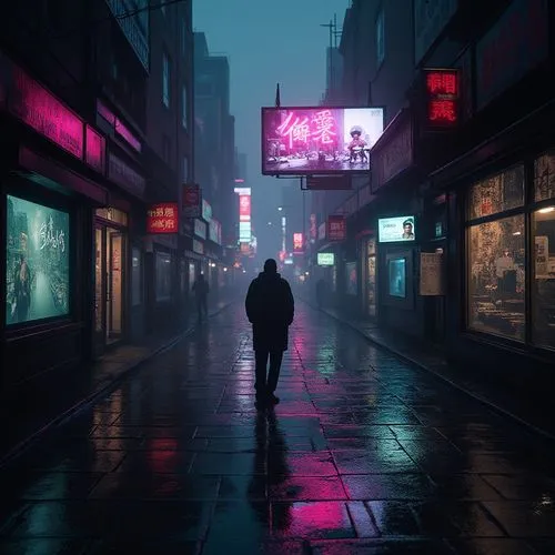 cyberpunk,vapor,walking in the rain,soho,nacht,pedestrian