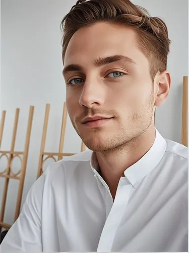 "Custom Poster Design to Elevate Your Brand",a man looking up with blue eyes standing by some wooden poles,chair png,streda,dwane,hellberg,neeb,hutts,Photography,General,Realistic