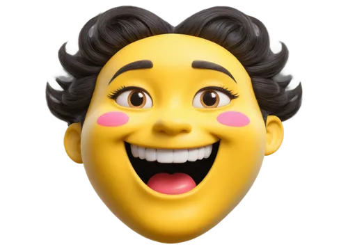 Yellow face, free smiley, rounded eyes, curved eyebrows, bright smile, shiny teeth, soft facial features, 3D rendering, vibrant colors, cute expression, slight tilt of head, front view, plain backgrou