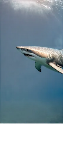 Shark, Tiburón, ocean creature, sharp teeth, grey skin, dorsal fin, powerful tail, swimming, underwater scene, coral reef background, bright blue water, sunlight filtering through waves, 3/4 compositi