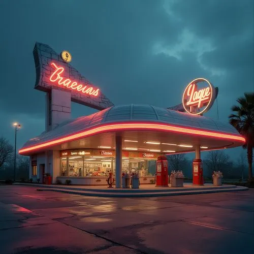 Retro-futuristic gas station, streamline moderne style, curved lines, metallic materials, neon lights, futuristic fonts, bold color schemes, 1950s inspiration, space-age feel, sleek, aerodynamic shape