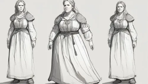 prelimary,turnarounds,women's clothing,kirtle,maidservant,concept art,edmonia,roughs,tunics,studies,dress form,bodice,nelisse,women clothes,zarahemla,sketches,cassock,norns,a floor-length dress,scotswoman,Illustration,Black and White,Black and White 08