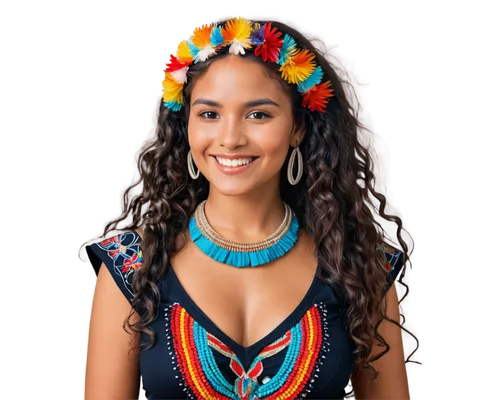 South American woman, indigenous, traditional clothing, vibrant colors, woven textiles, feathers in hair, necklace with seeds, standing, confident pose, strong facial features, dark skin, curly black 