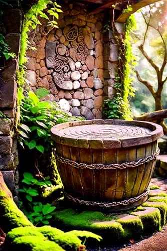 wishing well,garden pot,hobbiton,stone fountain,stone sink,japanese garden ornament,spa water fountain,old fountain,potter's wheel,golden pot,cauldron,mountain spring,water feature,water trough,stone oven,garden pond,bird bath,decorative fountains,magical pot,water mill,Illustration,Realistic Fantasy,Realistic Fantasy 39