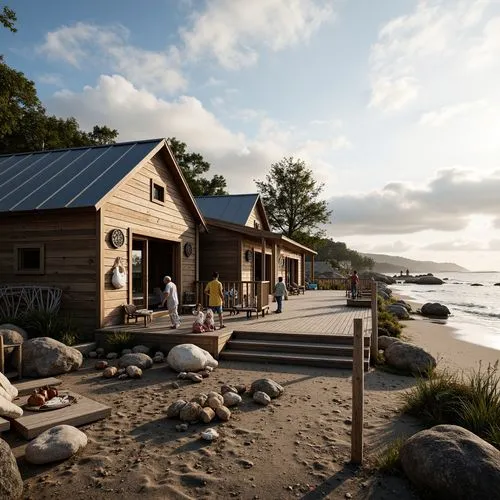 Coastal workshop, rustic wooden buildings, weathered metal roofs, nautical-themed decorations, vintage fishing nets, seashells, driftwood accents, ocean-inspired color palette, soft natural lighting, 