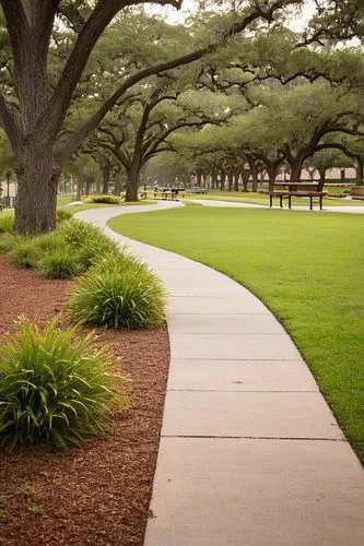 Texas A&M University campus, landscape architecture, sunny afternoon, warm golden light, sprawling lawn, mature oak trees with Spanish moss, curved walking paths, modern benches, vibrant flower beds, 