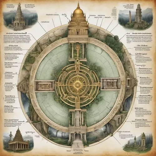 Ancient Axis Mundi, mystical architecture, grandiose structure, intricate carvings, ornate details, golden domes, majestic pillars, symmetrical composition, central axis, sacred geometry, atmospheric 