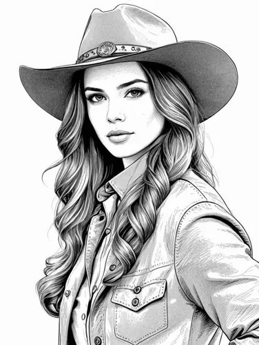 a drawing of a young lady with a hat,cowgirl,akubra,sheriff,countrygirl,cowpoke,ashe,Design Sketch,Design Sketch,Black and white Comic