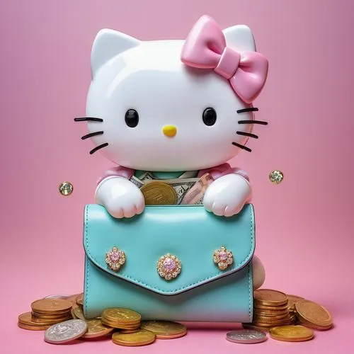 Hello Kitty, cute, cartoon style, holding wallet, overflowing with cash, pink bow, white gloves, sparkly eyes, sweet smile, pastel color palette, sitting on a pile of gold coins, surrounded by jewels,