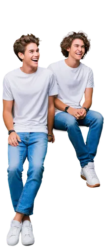 two friends, Dave and Buster, sitting, casual wear, jeans, white shirts, sneakers, laughing, joyful facial expressions, detailed wrinkles, bright eyes, messy hair, friendly posture, warm lighting, sha