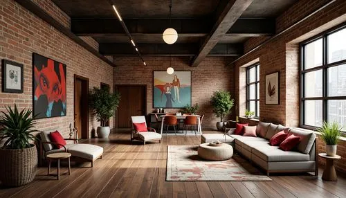 loft,lofts,modern decor,contemporary decor,apartment lounge,living room,livingroom,red brick,hardwood floors,home interior,interior design,interior decor,apartment,great room,interior decoration,an apartment,rowhouse,interior modern design,sitting room,red bricks