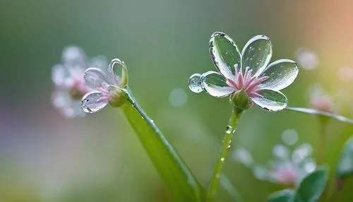 Delicate, crystal-like flower petals, transparent, sparkling, intricate details, morning dew droplets, soft gentle light, pastel colors, gentle breeze, blooming in a hidden forest, surrounded by lush 