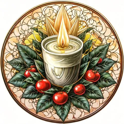 a stained glass picture with a candle, holly and cherries,advent wreath,christmas candle,candlemas,christmas motif,fourth advent,advent candle