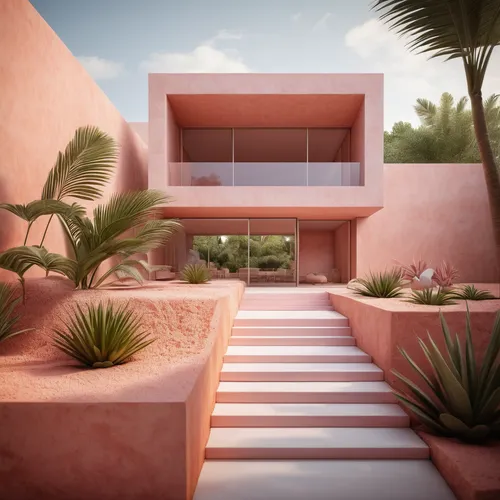 Clay house  Design by Alberto Campo Baeza architects. Tropical Landscape architecture, photo realistic render, shallow depth of field,Close up, clear details, white, pink and orange clay, Chaos Group 