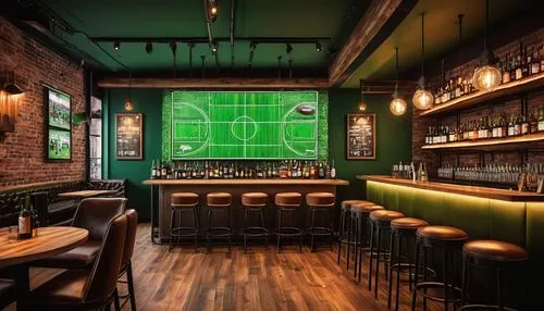 Modern sports bar, luxurious interior, wooden floor, comfortable sofas, leather armchairs, wooden tables, metal stools, neon signs, giant screens, basketball hoop decoration, football field green wall