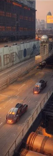 elevated highway in 1917. orange lighting. evening.,freeway,transport hub,overpass,monza,cargo port,race track,industries,conveyor belt,convoy,crew cars,fleet and transportation,raceway,transport and 