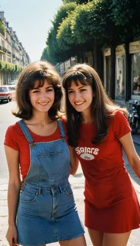 2girls, (masterpiece, high quality), cinematic, A scene from a 1970s French comedy movie, a 22 year old slightly dour looking girl in t-shirt and jeans looking embarrassed with her glamorous (smiling)